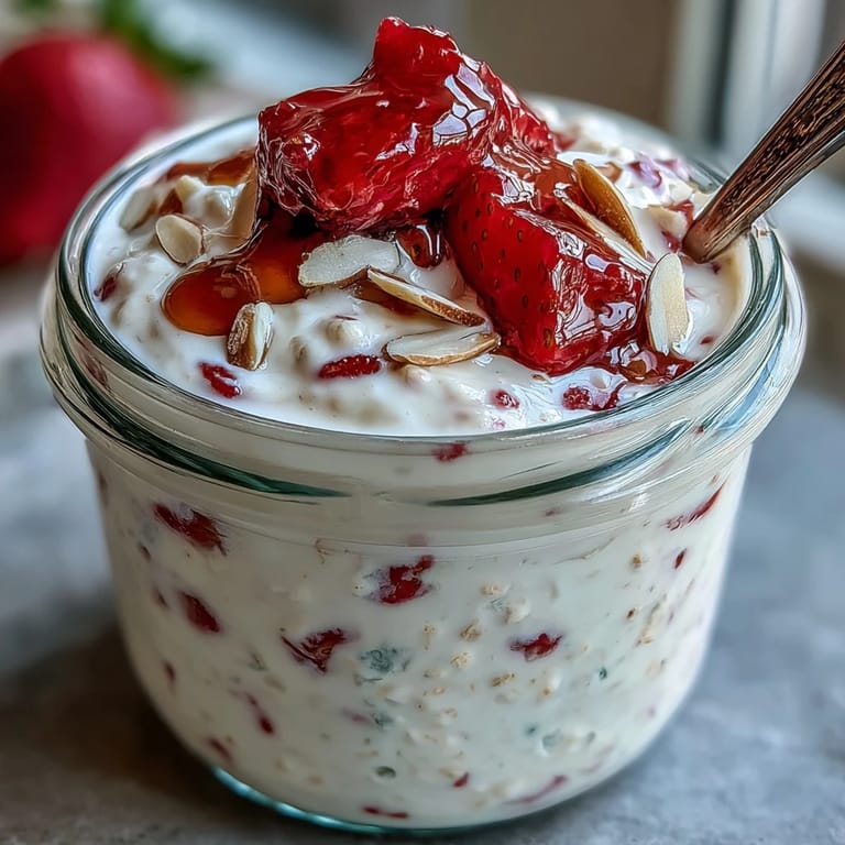 Creamy vanilla-infused overnight oats layered with diced strawberries and chia seeds for a healthy breakfast.
