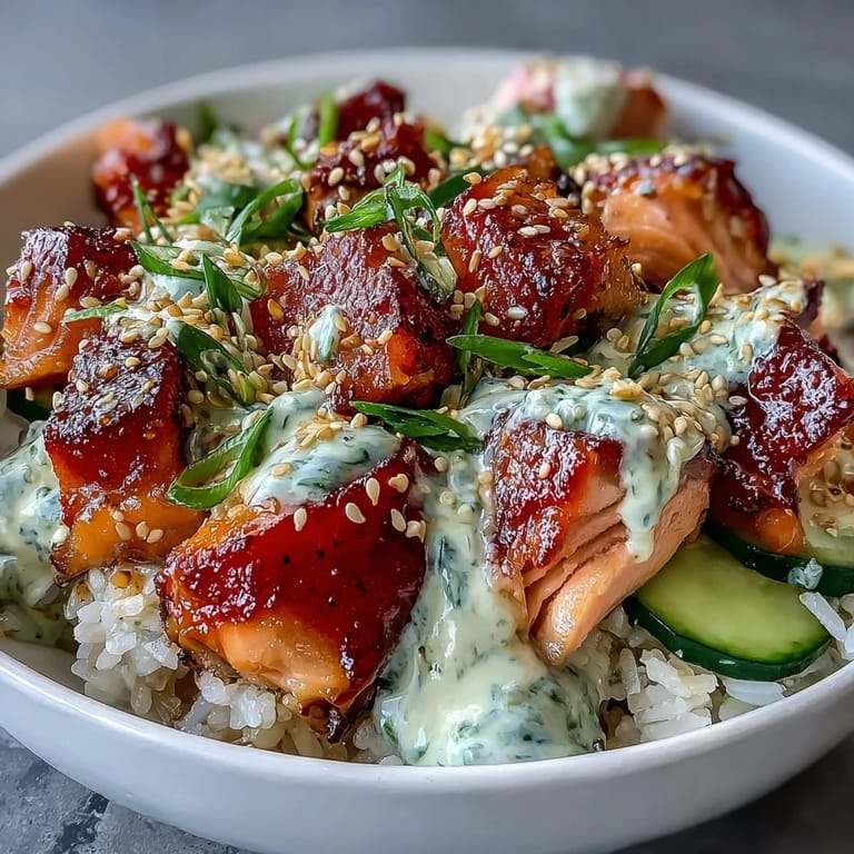 Flavorful salmon rice bowl featuring spicy mayo sauce, crunchy cucumber, and nori strips for a satisfying Asian-inspired meal.