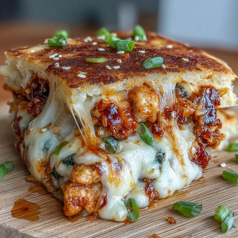 Golden quesadillas stuffed with spicy kimchi, gooey mozzarella, and cheddar, served hot and sliced for easy snacking or lunch.