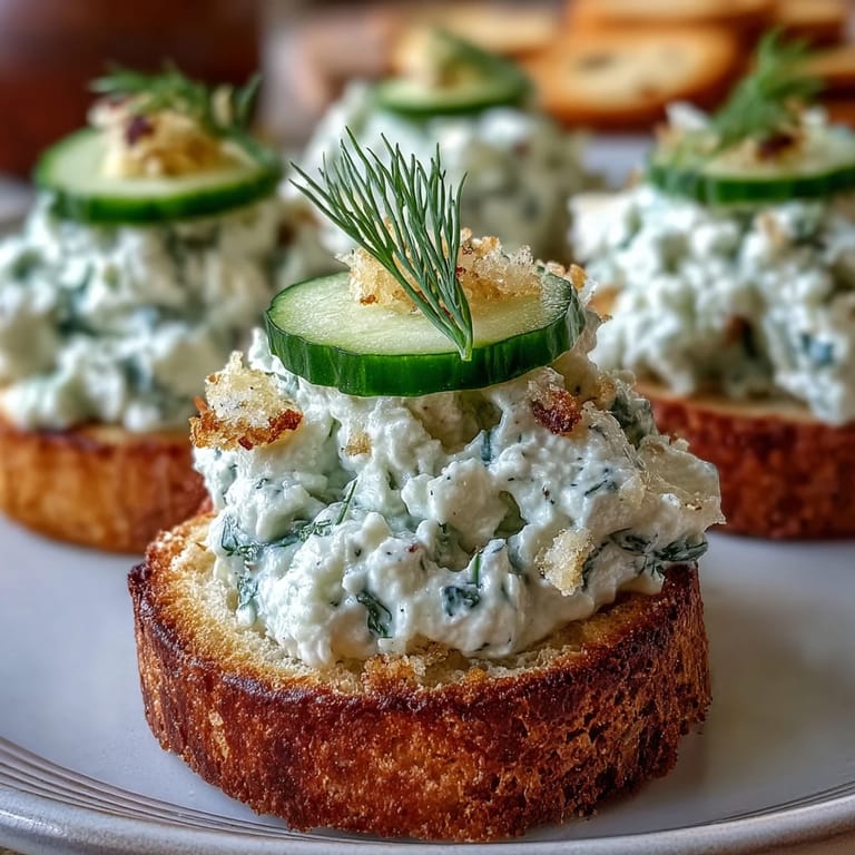 Crusty baguette bites topped with creamy Benedictine spread and a crisp cucumber slice.