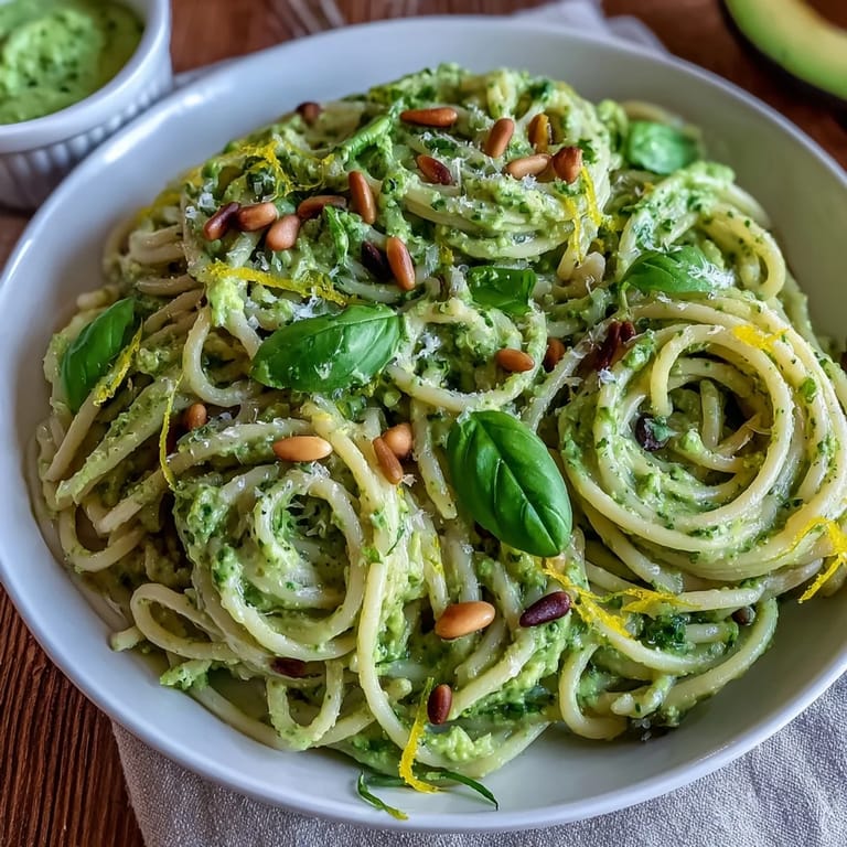 Delectable creamy avocado pesto pasta, ready in twenty minutes, adorned with fresh basil.