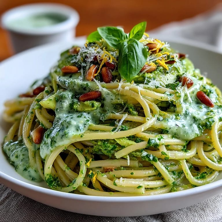 Hearty vegetarian creamy avocado pesto pasta, showcasing a smooth, luscious green sauce.