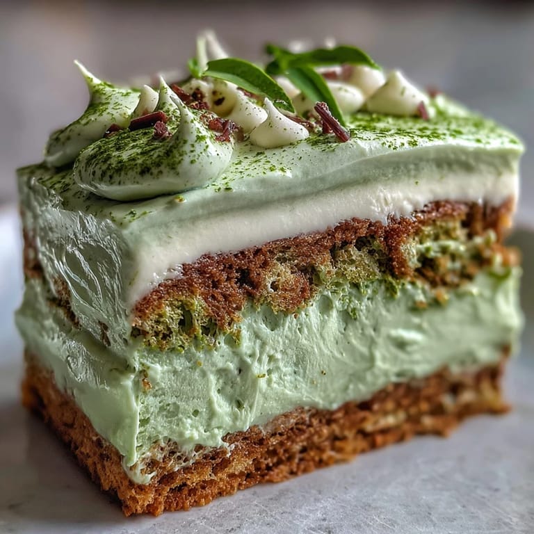 Delicate matcha-infused ladyfingers layered with airy mascarpone cream, creating a stunning green tea dessert with an elegant presentation.