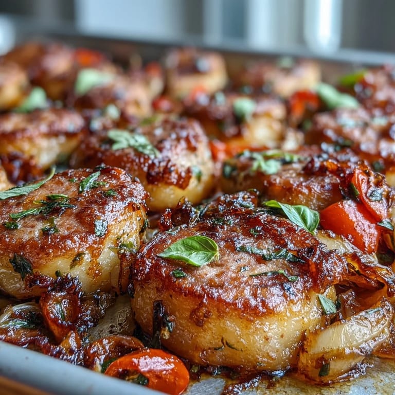 Vibrant one-pan meal with crispy potato gnocchi, savory Italian sausage, and colorful bell peppers roasted to perfection.  
