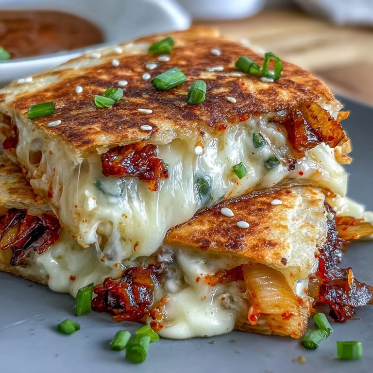 Savory kimchi quesadillas with toasted tortillas, vibrant kimchi filling, and a side of creamy dipping sauce for extra flavor.