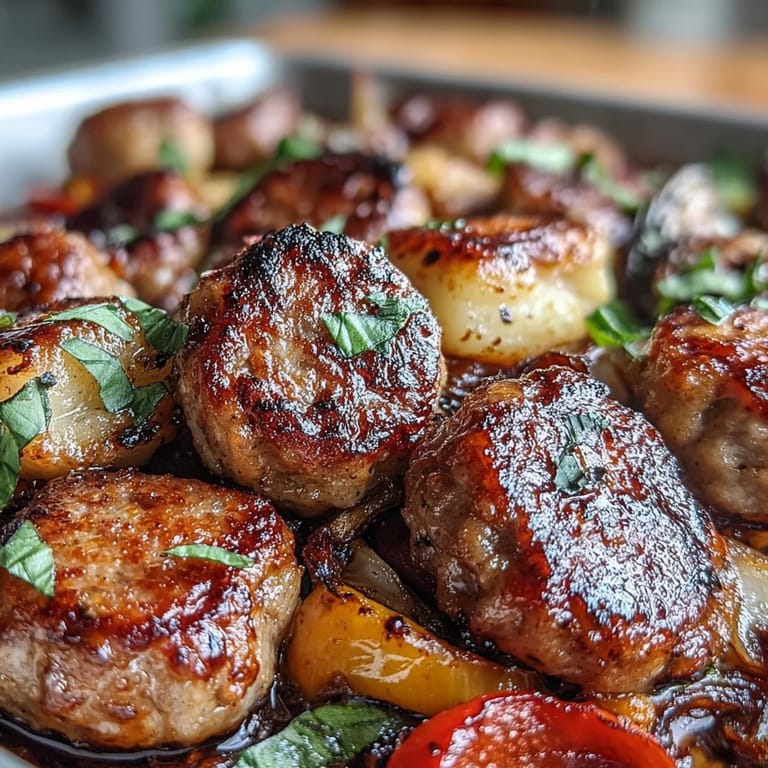Easy sheet pan dinner of golden gnocchi, spicy sausage, and sweet roasted peppers, finished with Parmesan and fresh basil.