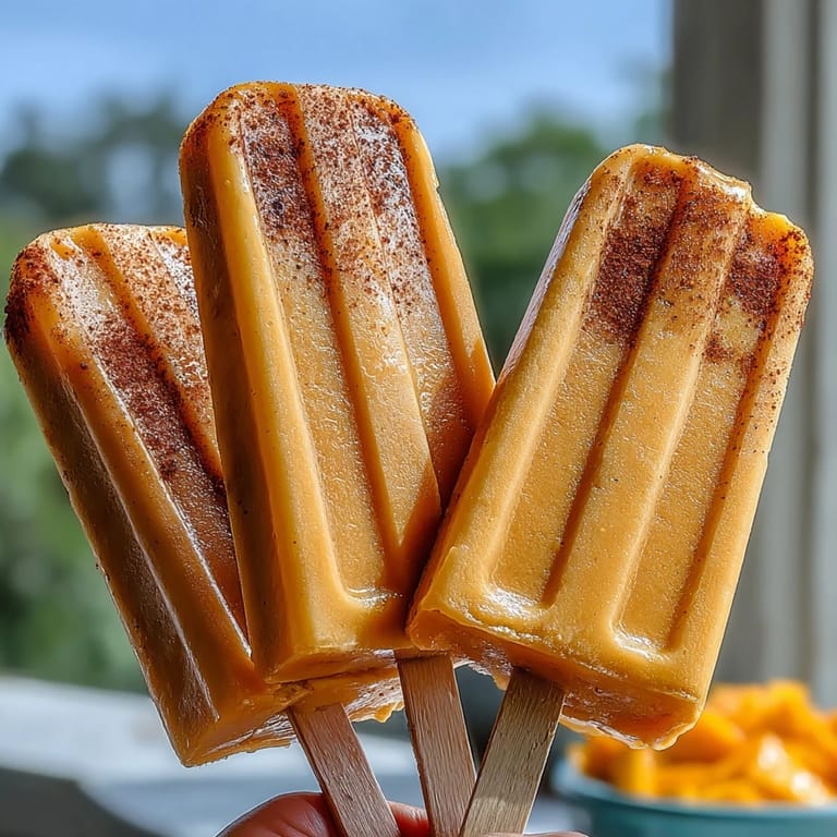 Close-up of vibrant, frozen mango chamoy popsicles glistening with tajin spice.