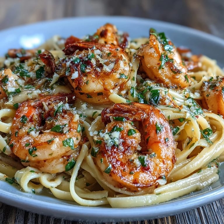 Delectable Shrimp Scampi Linguine dish, glistening with wine sauce and fresh parsley.