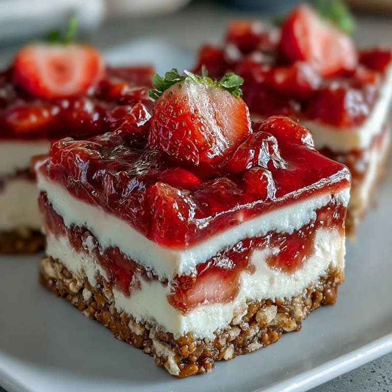 Enjoy a slice of fluffy strawberry pretzel salad bars, perfect for summer potlucks.