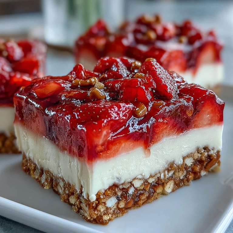 Creamy cheesecake topping crowns these irresistible strawberry pretzel salad bars.