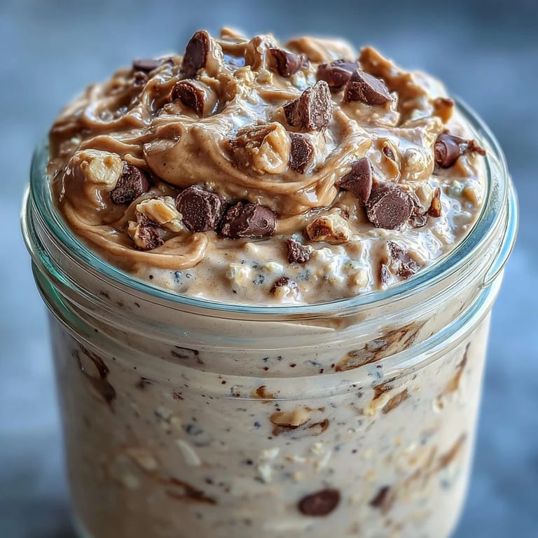 Healthy Protein Cookie Dough Overnight Oats served chilled in a jar, perfect for breakfast.