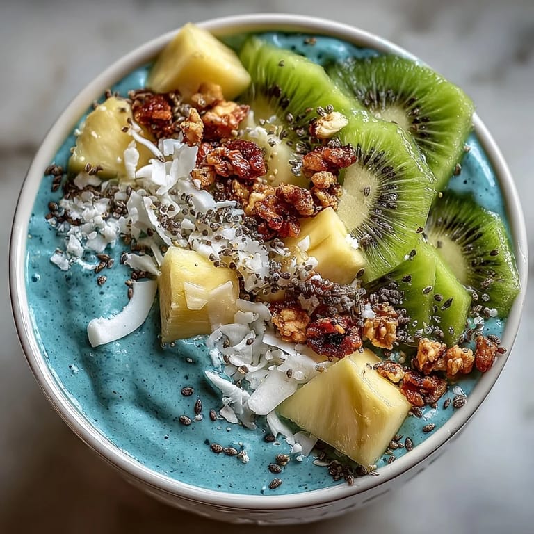 A refreshing blue spirulina smoothie bowl, perfect for a healthy breakfast with fruit.