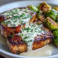 Golden-brown keto creamy Dijon pork chops smothered in rich sauce beside crispy roasted Brussels sprouts on a rustic plate.
