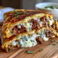 Golden, crispy quesadillas filled with savory ground meat, creamy mashed potatoes, and melted cheddar—perfect comfort food fusion.