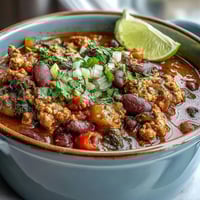 Healthy Easy One-Pot Turkey Chili with Beans served in a rustic bowl, topped with fresh cilantro and green onions.