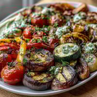 Grilled Veggie Platter with Hummus – a colorful, healthy spread of charred vegetables served with creamy, homemade hummus.  
