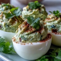 Creamy guacamole stuffed into classic deviled eggs, garnished with smoked paprika and fresh cilantro for a fresh twist.  