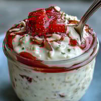 Strawberry vanilla overnight oats topped with fresh strawberries and sliced almonds in a glass jar.