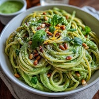 Creamy avocado pesto pasta, a vibrant, no-cook sauce clinging perfectly to strands.