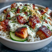 A vibrant rice bowl with tender salmon cubes, creamy spicy mayo, crisp cucumber, and toasted sesame seeds.  